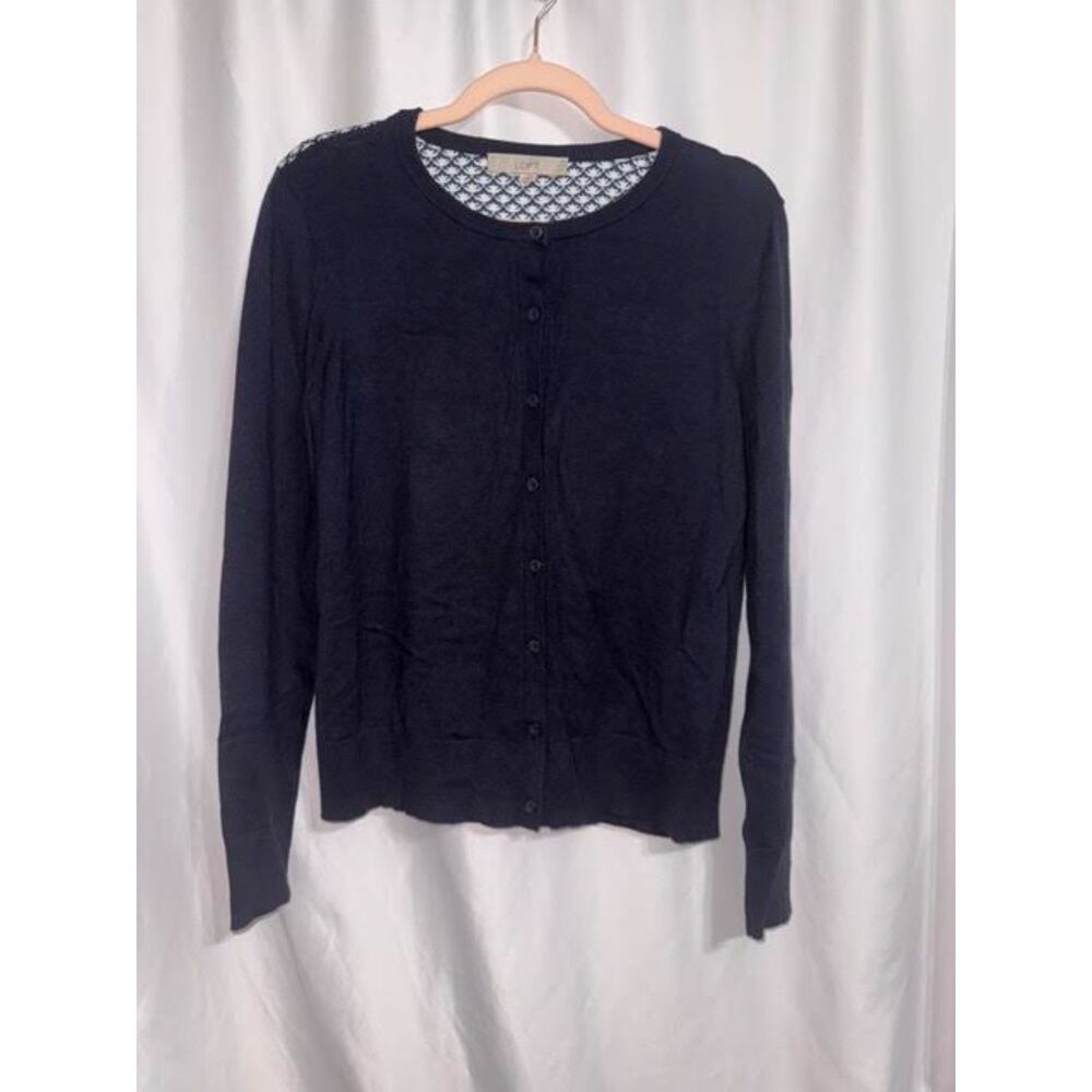 Ann Taylor LOFT Navy Blue Cardigan Sweater Sm. Chiffon Back | Lightweight Preppy
